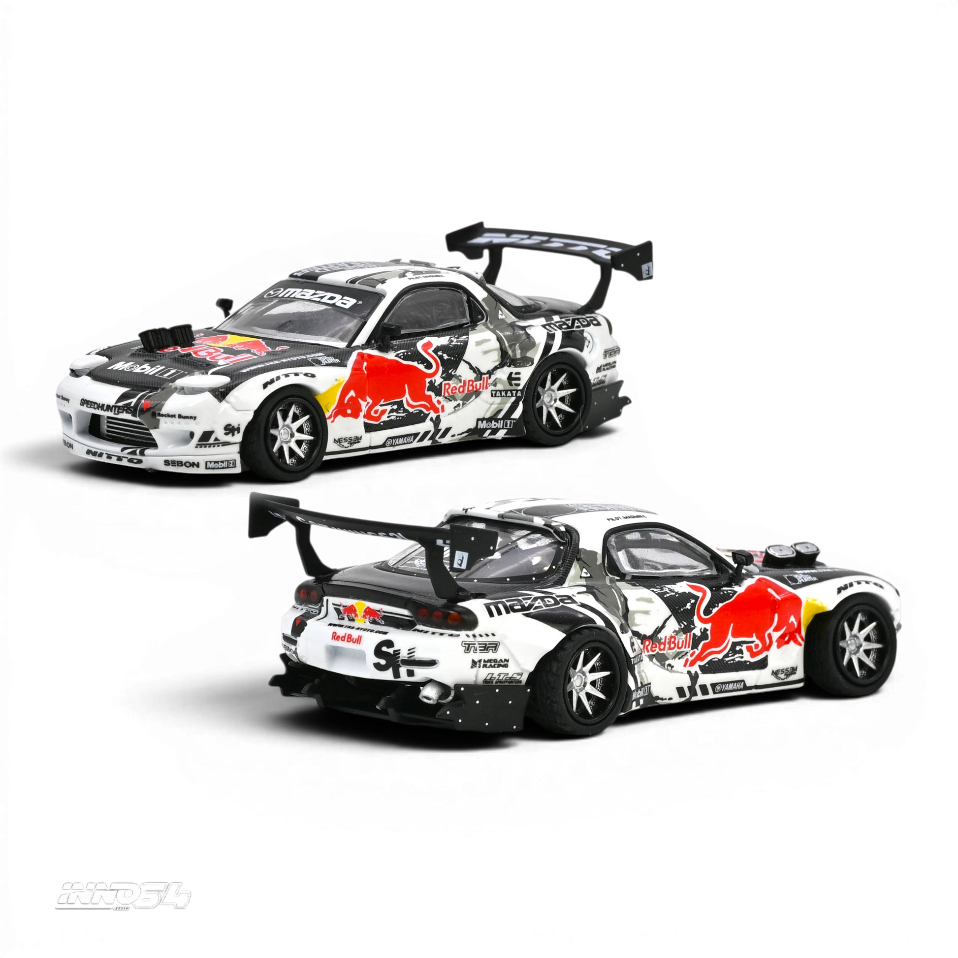 Lot57Supplies Diecast Shop Inno64 1:64 scale Mazda RX-7 Mad Mike MADBUL Gen6 diecast model with Red Bull livery