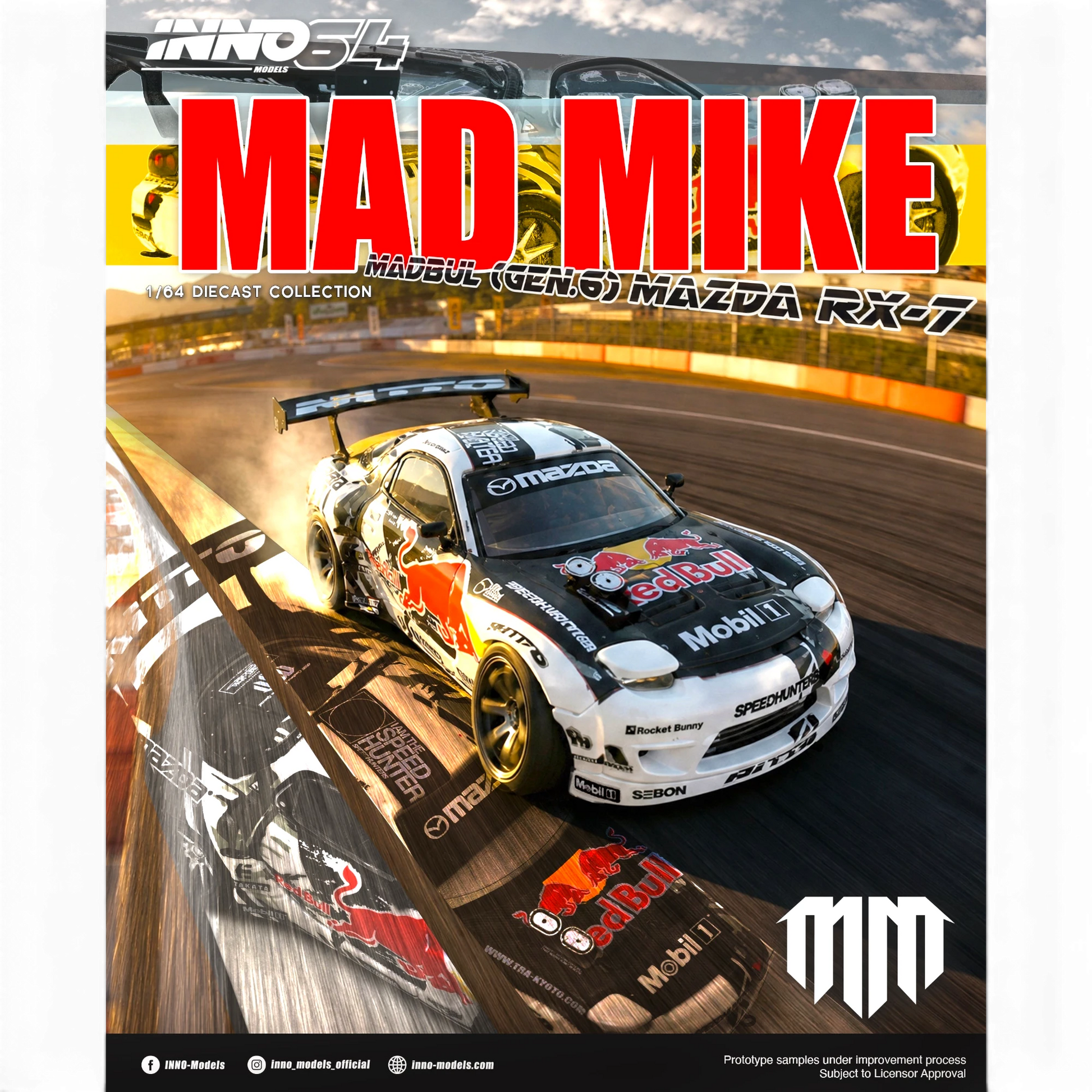 Lot57Supplies Diecast Shop Inno64 1:64 scale Mazda RX-7 Mad Mike MADBUL Gen6 diecast drift car model on track