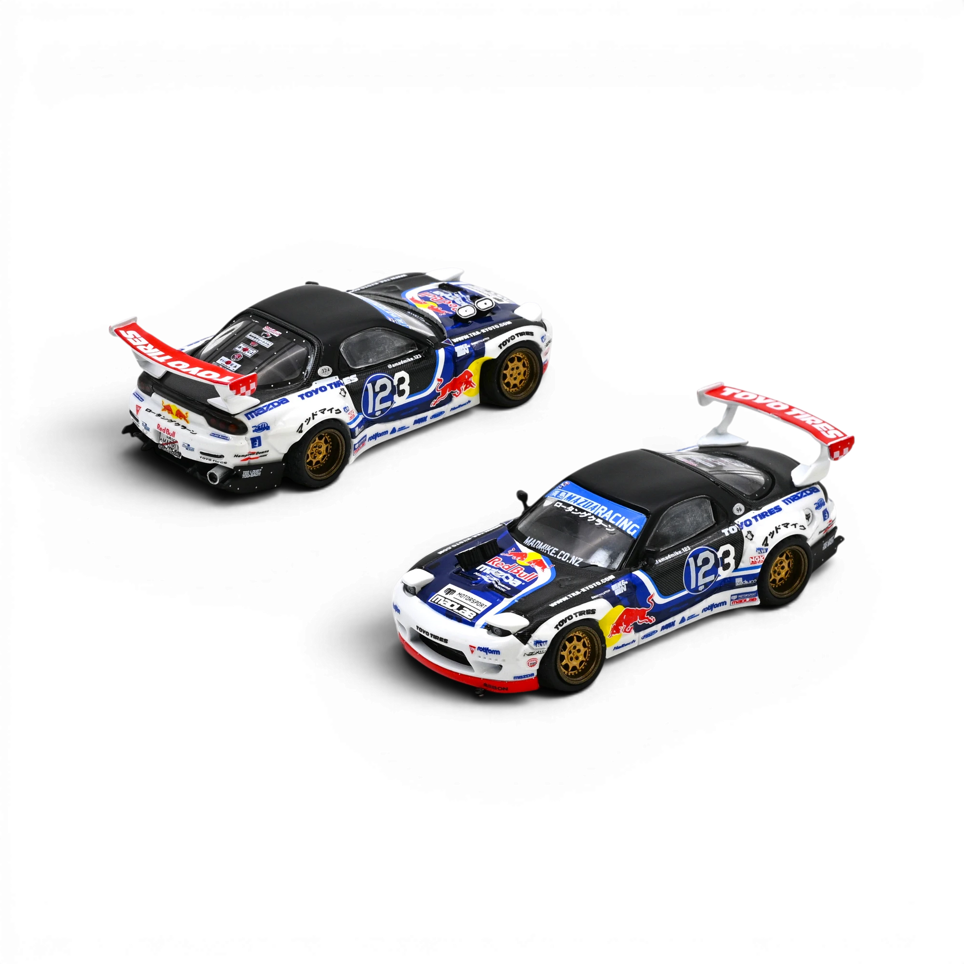 Lot57Supplies Diecast Shop Inno64 1:64 scale Mazda RX-7 Mad Mike MADBUL Gen8 diecast drift car model with racing decals