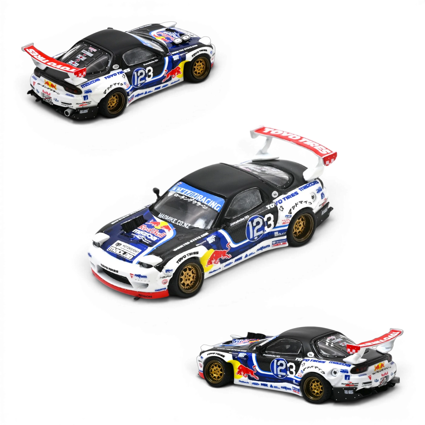 Lot57Supplies Diecast Shop 1:64 scale Inno64 Mazda RX-7 Mad Mike MADBUL Gen8 drift car with racing livery and gold rims
