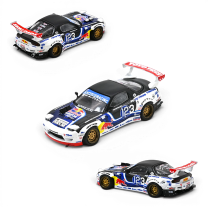 Lot57Supplies Diecast Shop 1:64 scale Inno64 Mazda RX-7 Mad Mike MADBUL Gen8 drift car with racing livery and gold rims