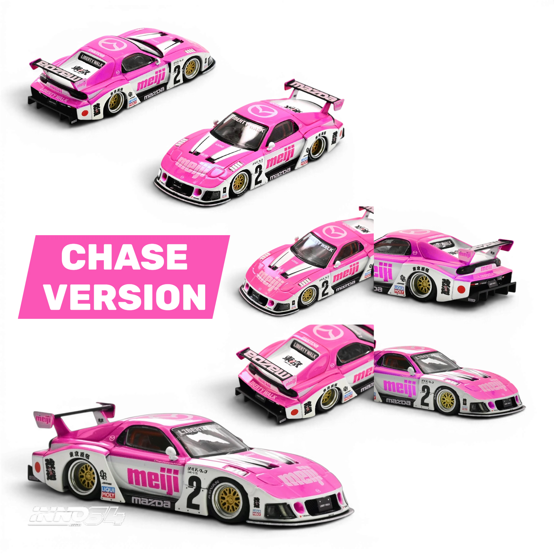 Lot57Supplies Diecast Shop Inno64 Mazda RX7 FD3S LB-Super Silhouette Meiji diecast model car in pink and white