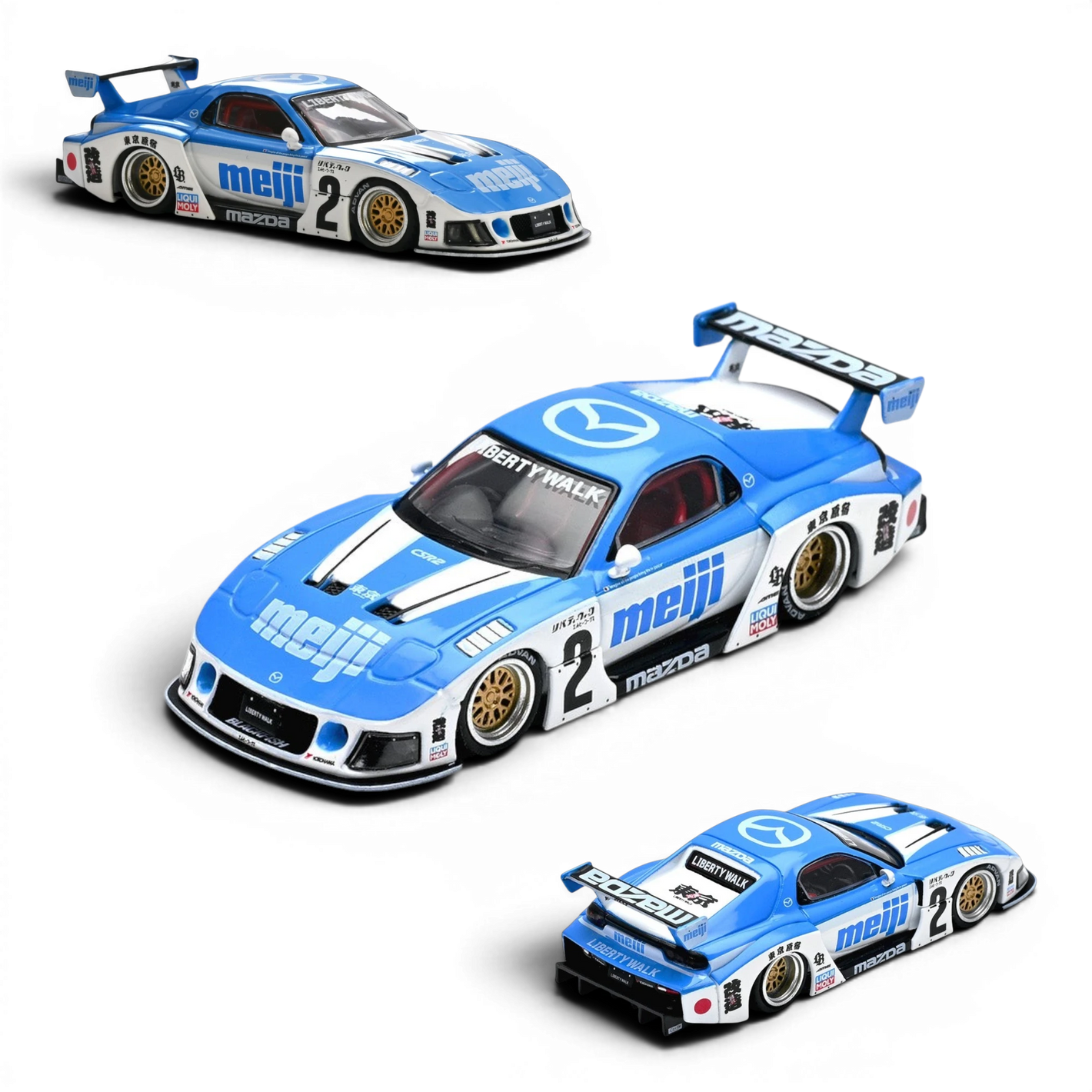 Lot57Supplies Diecast Shop INNO64 Mazda RX7 FD3S LB-Super Silhouette Meiji diecast model car in blue and white livery