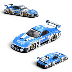 Lot57Supplies Diecast Shop INNO64 Mazda RX7 FD3S LB-Super Silhouette Meiji diecast model car in blue and white livery