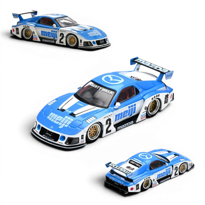 Lot57Supplies Diecast Shop INNO64 Mazda RX7 FD3S LB-Super Silhouette Meiji diecast model car in blue and white livery