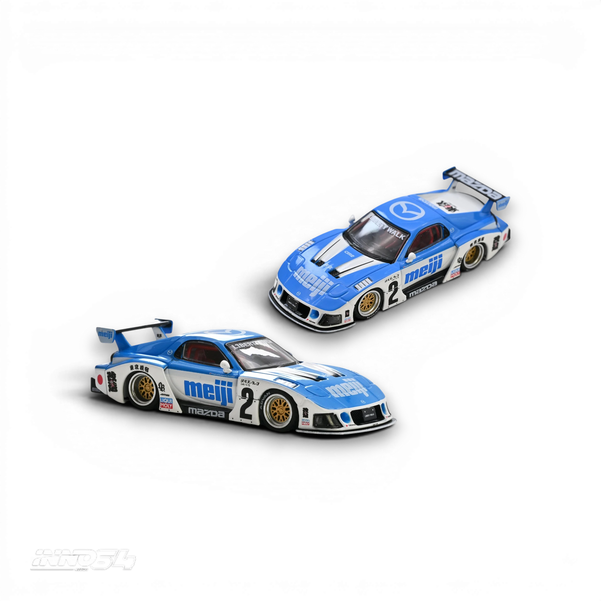 Lot57Supplies Diecast Shop Inno64 Mazda RX7 FD3S LB-Super Silhouette Meiji diecast model car in blue and white