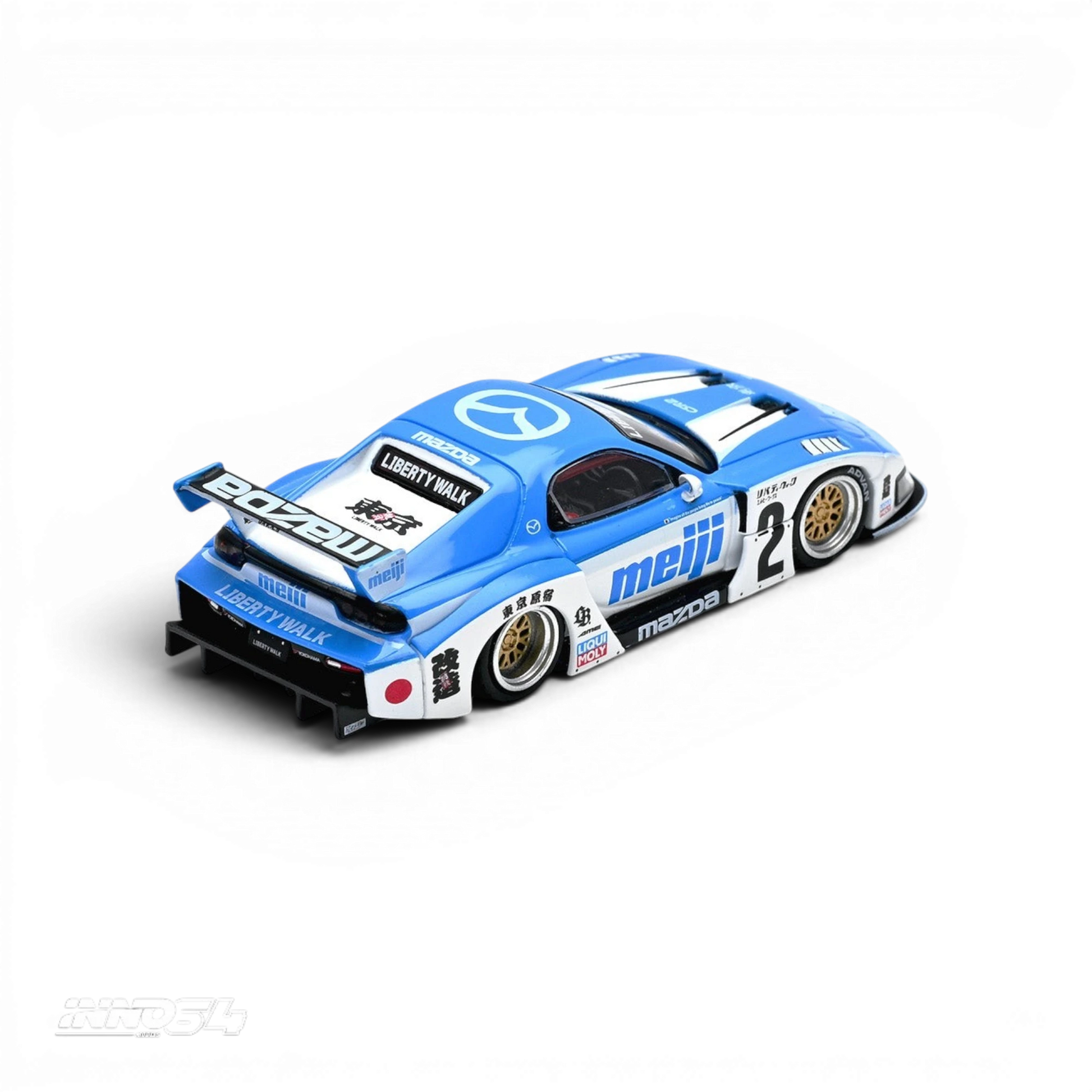 Lot57Supplies Diecast Shop Inno64 1:64 scale Mazda RX7 FD3S LB-Super Silhouette Meiji diecast model car in blue and white