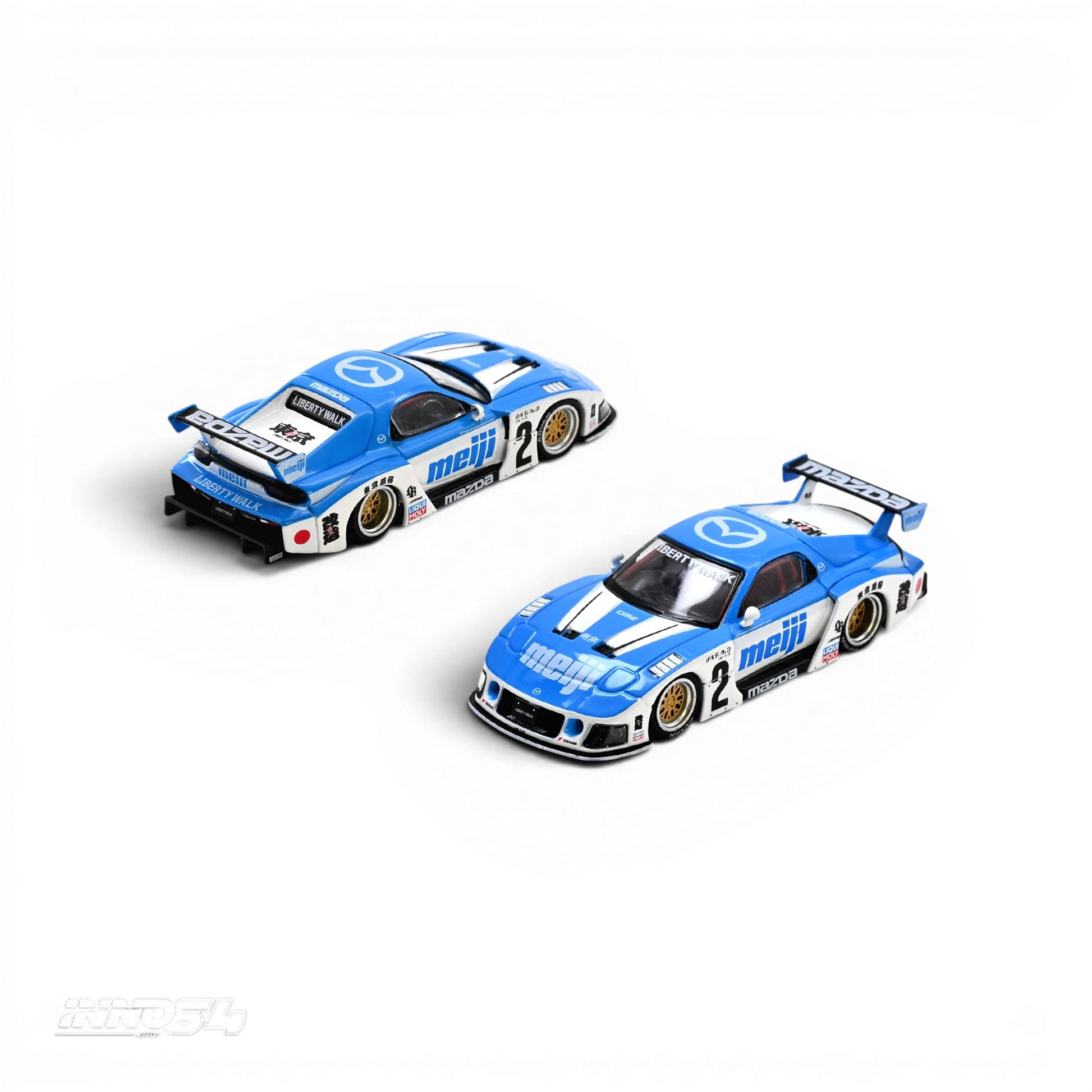 Lot57Supplies Diecast Shop Inno64 Mazda RX7 FD3S LB-Super Silhouette Meiji diecast model car in blue and white