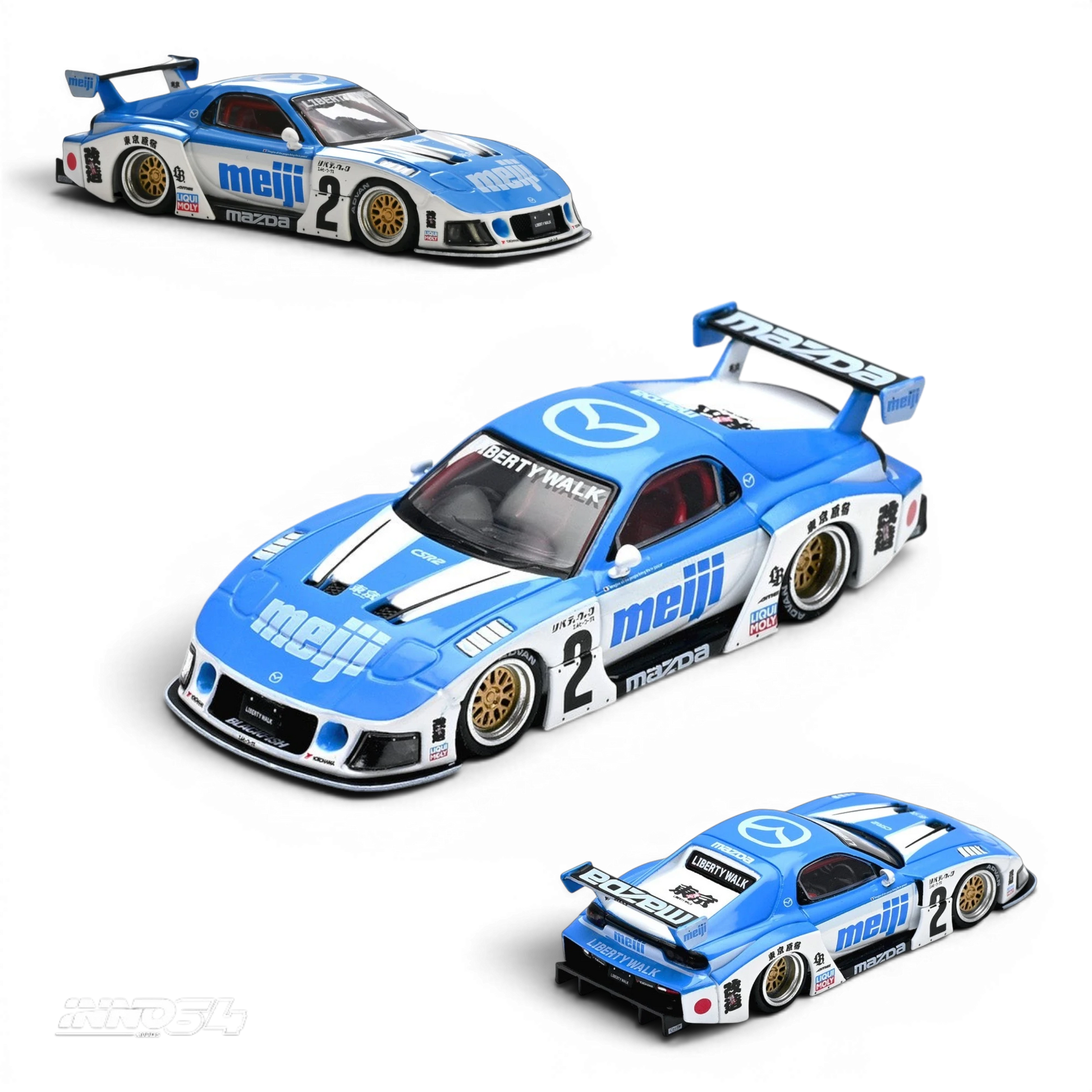 Lot57Supplies Diecast Shop 1:64 scale Inno64 Mazda RX7 FD3S LB-Super Silhouette Meiji diecast model car in blue and white