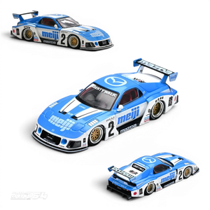 Lot57Supplies Diecast Shop 1:64 scale Inno64 Mazda RX7 FD3S LB-Super Silhouette Meiji diecast model car in blue and white