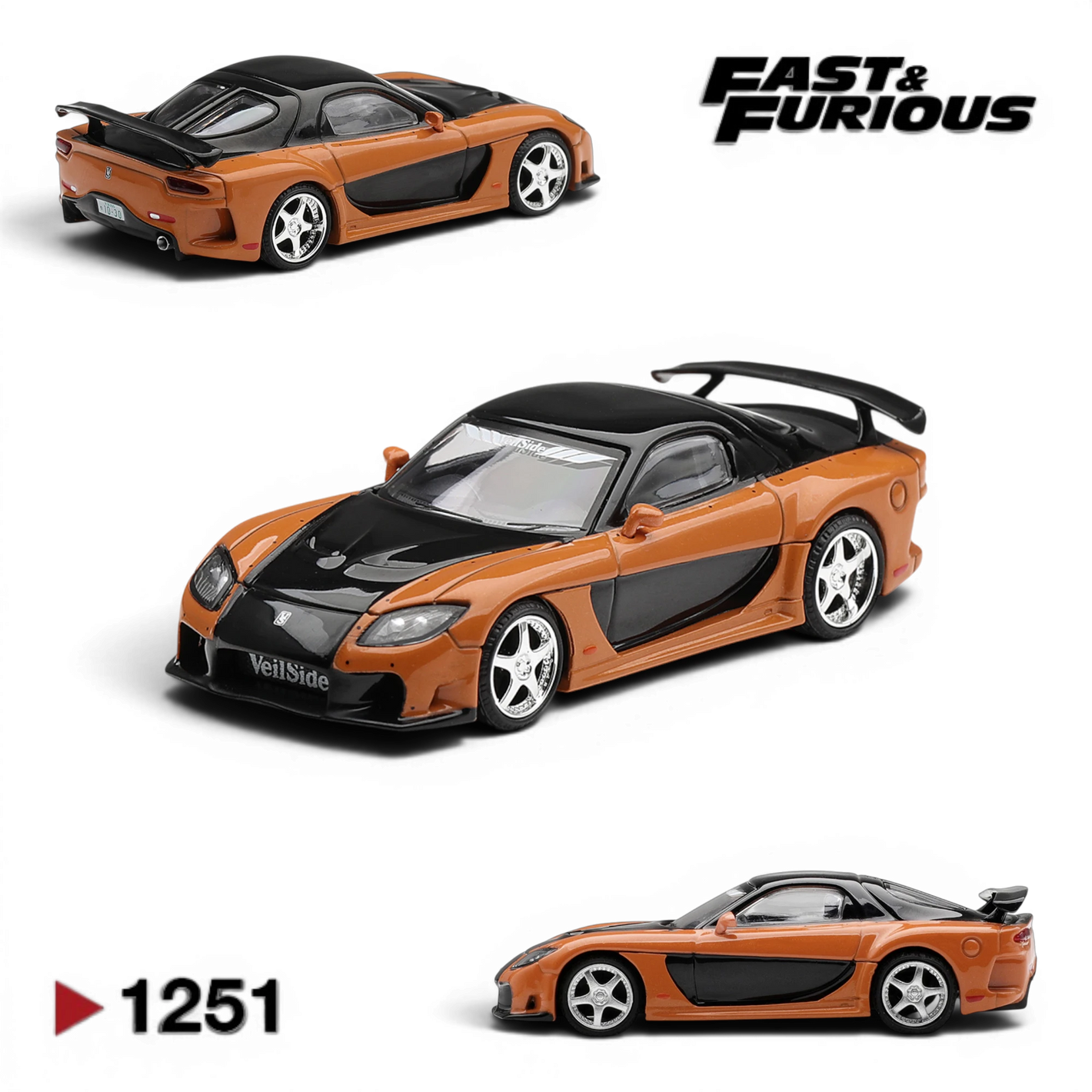 Lot57Supplies Diecast Shop MiniGT 1:64 scale Mazda RX-7 VeilSide Fortune diecast car in orange and black Tokyo Drift