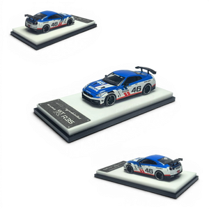 Lot57Supplies Diecast Shop MC 1:64 scale white and blue 2024 GTR R35 NISMO diecast model with removable hood.