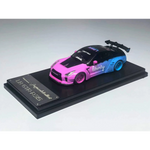 Lot57Supplies Diecast Shop 1:64 scale MC LB GTR 1.5 diecast car in flash pink and blue gradient livery on display base