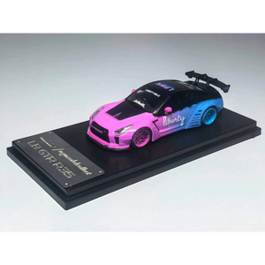 Lot57Supplies Diecast Shop 1:64 scale MC LB GTR 1.5 diecast car in flash pink and blue gradient livery on display base