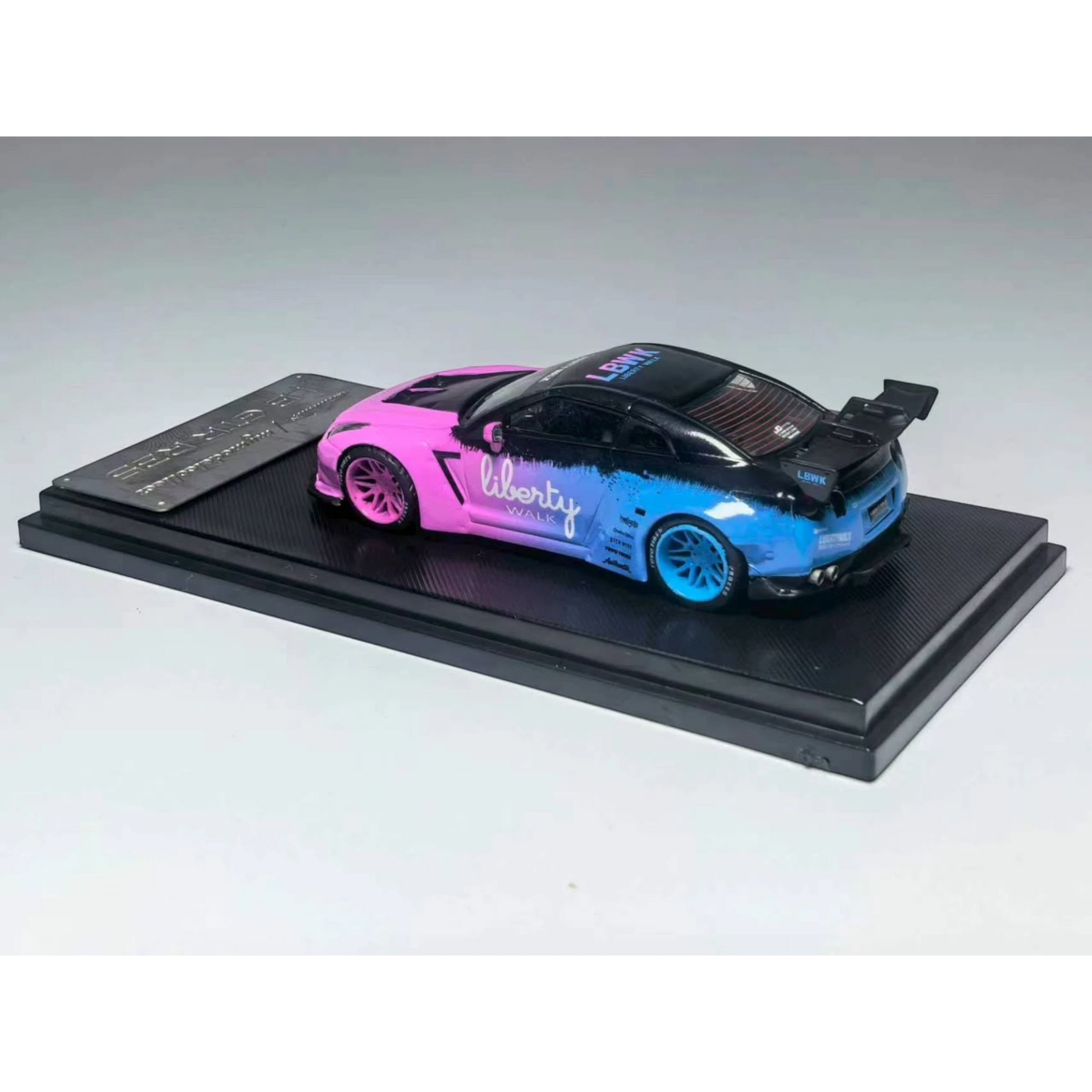 Lot57Supplies Diecast Shop MC LB GTR 1.5 diecast model car in flash pink and blue livery with Liberty Walk branding