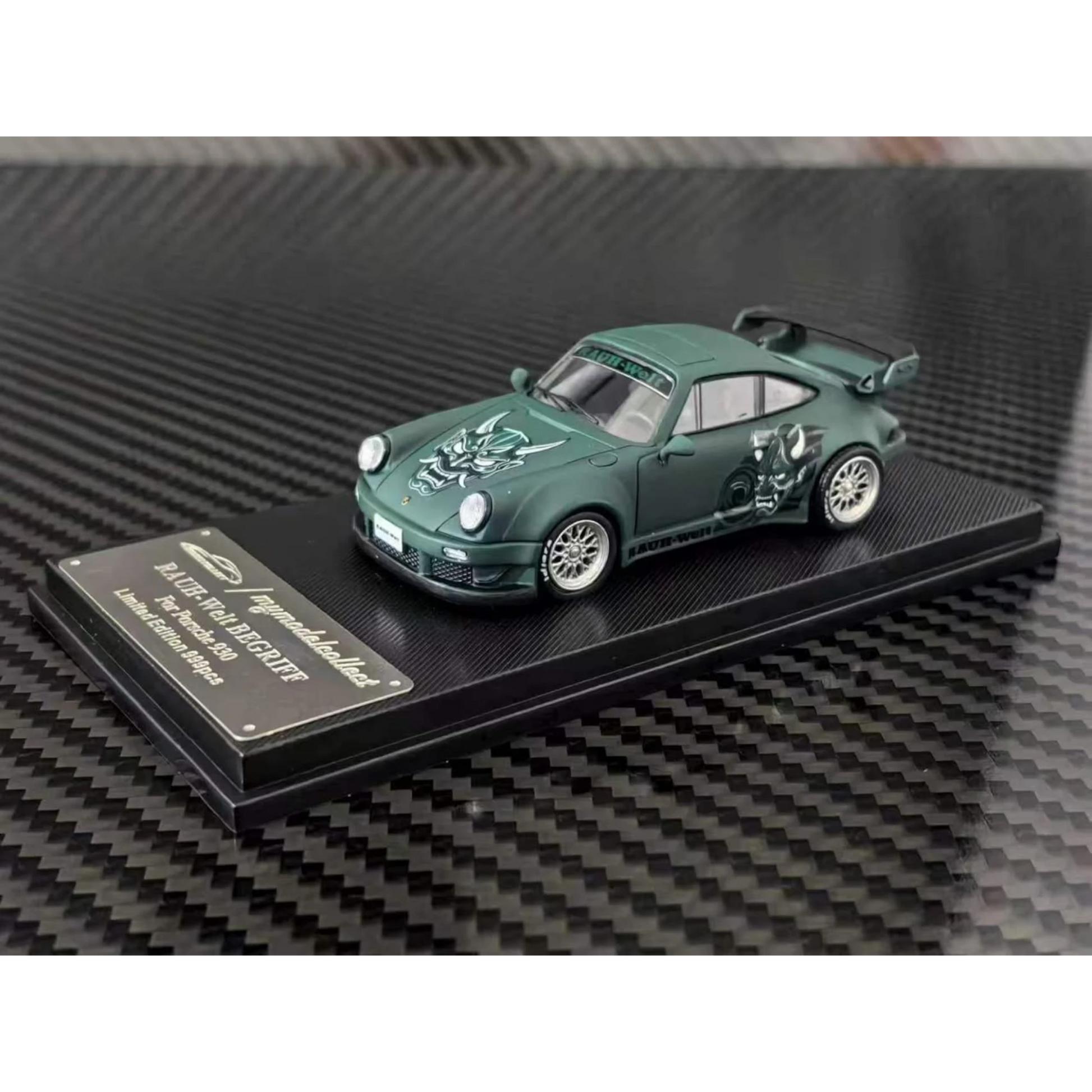 Lot57Supplies Diecast Shop MC RWB930 GT Wing 1:64 scale diecast car in matte green with Hannya mask livery