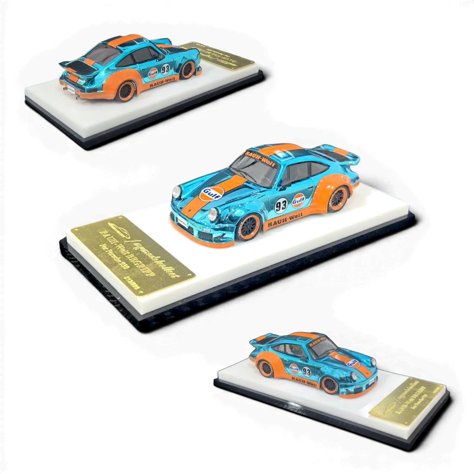 Lot57Supplies Diecast Shop MC RWB930 Whale Wing 1:64 scale model car in Gulf Chrome Blue/Orange diecast with distinctive whale tail spoiler.