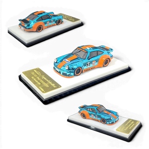 Lot57Supplies Diecast Shop MC RWB930 Whale Wing 1:64 scale model car in Gulf Chrome Blue/Orange diecast with distinctive whale tail spoiler.