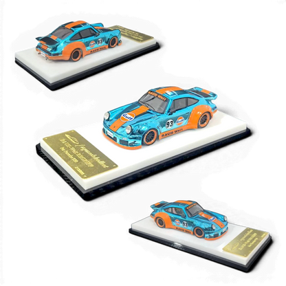 Lot57Supplies Diecast Shop MC RWB930 Whale Wing 1:64 scale model car in Gulf Chrome Blue/Orange diecast with distinctive whale tail spoiler.