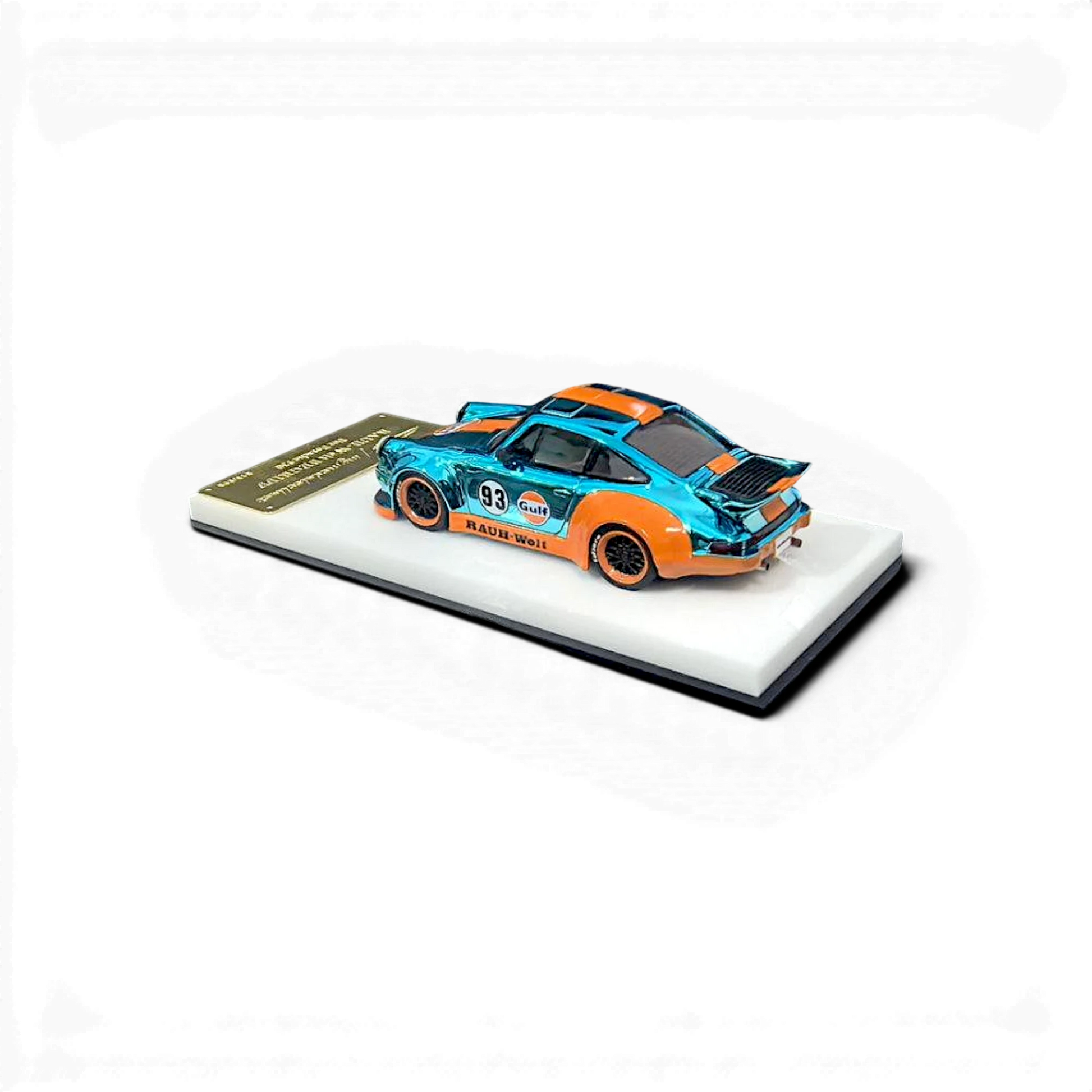 Lot57Supplies Diecast Shop MC RWB930 Whale Wing 1:64 scale model car in Gulf chrome blue and orange livery.