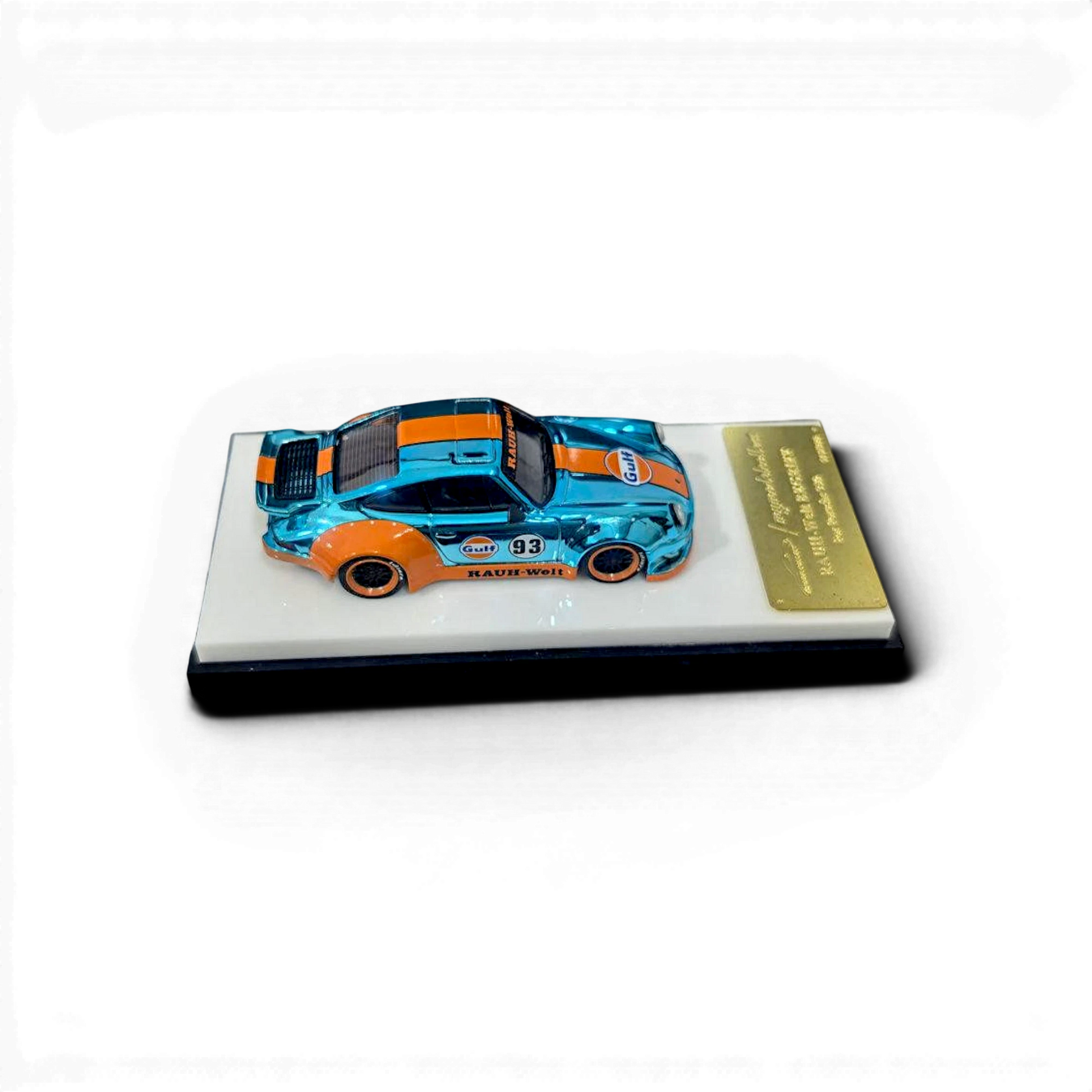 Lot57Supplies Diecast Shop MC RWB930 Whale Wing 1:64 scale model car in Gulf chrome blue and orange livery.