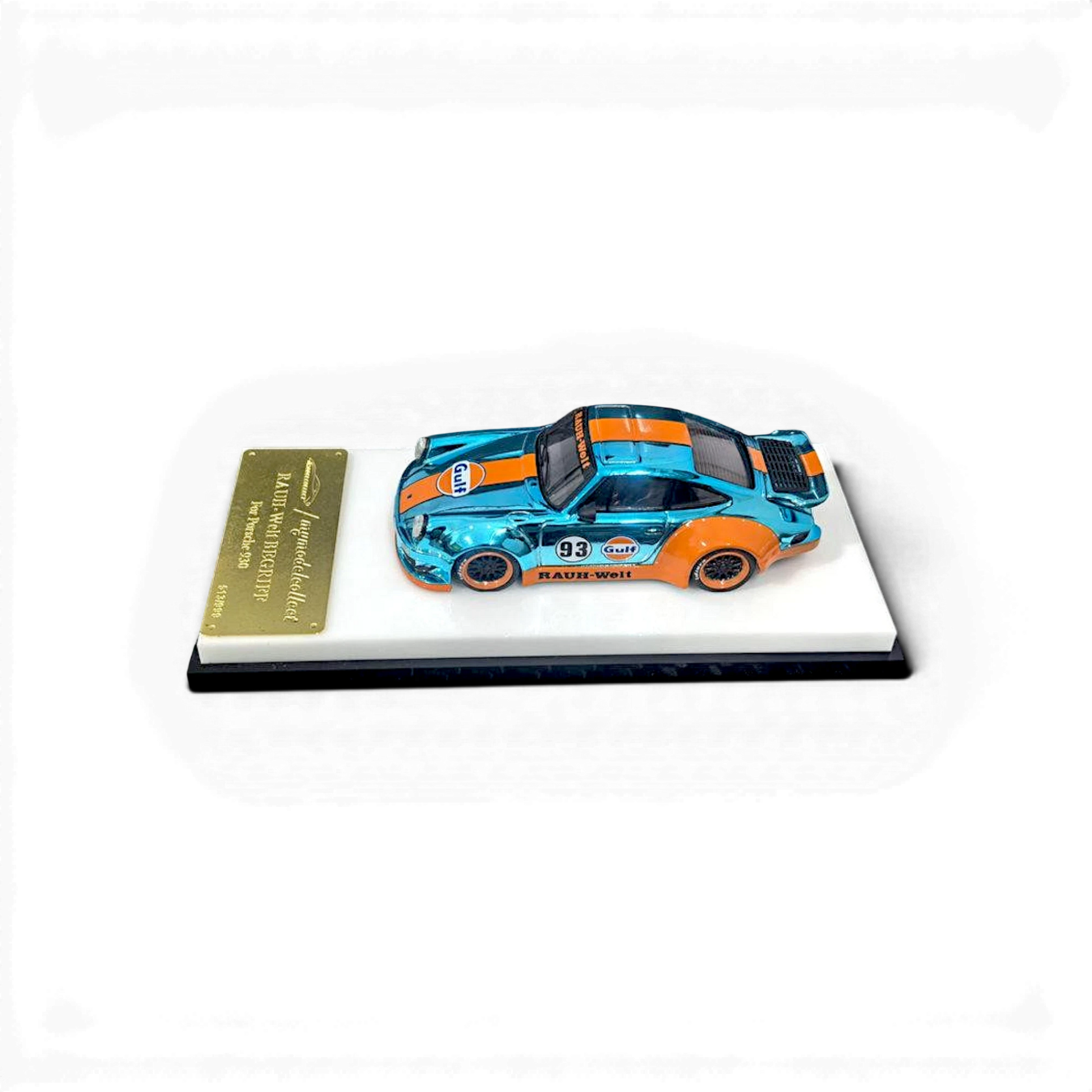 Lot57Supplies Diecast Shop MC RWB930 Whale Wing 1:64 scale model car in Gulf chrome blue and orange livery.