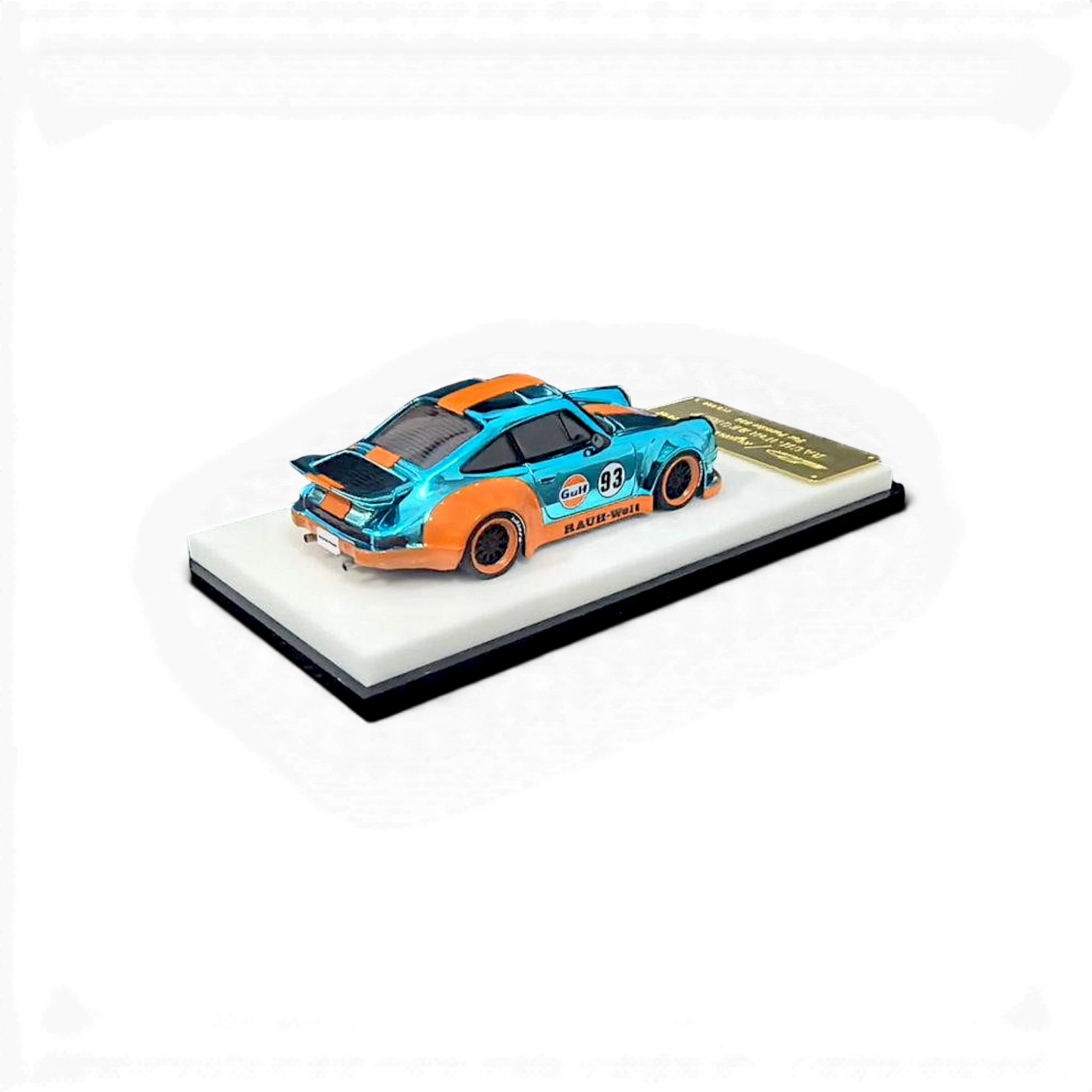 Lot57Supplies Diecast Shop MC RWB930 Whale Wing 1:64 scale model car in Gulf chrome blue and orange diecast with a whale tail spoiler.