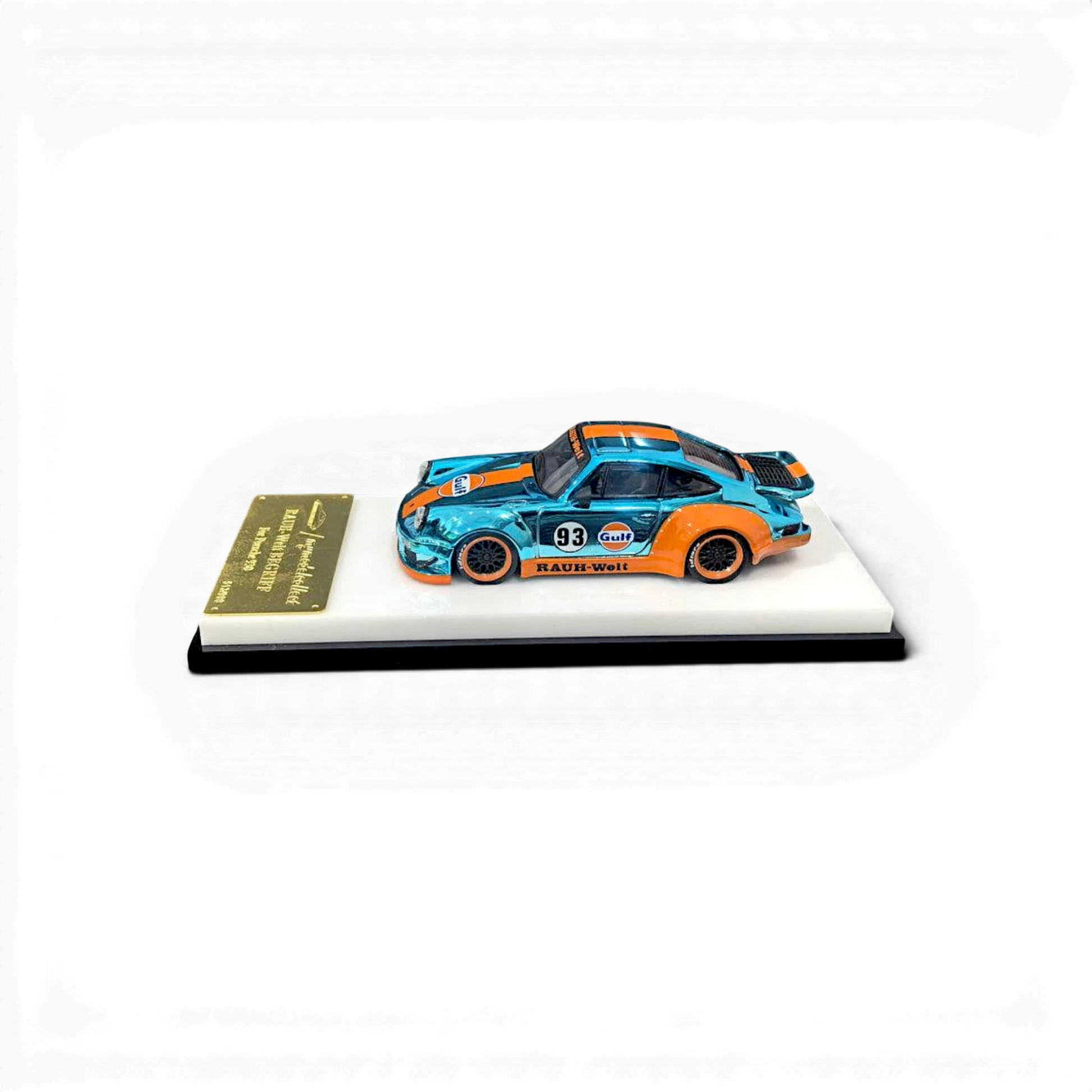 Lot57Supplies Diecast Shop MC RWB930 Whale Wing 1:64 scale model car in Gulf chrome blue and orange livery.