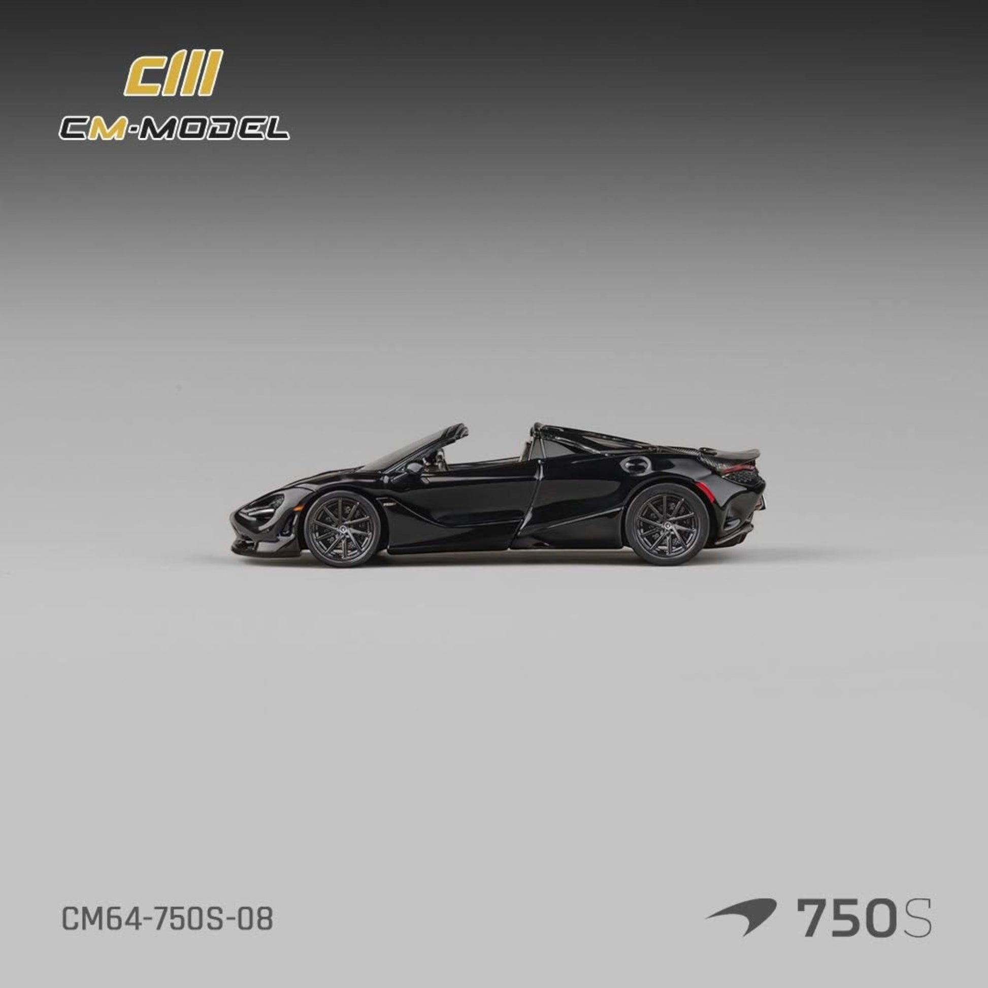 Lot57Supplies Diecast Shop CM Model 1:64 scale McLaren 750S Convertible in Onyx Black diecast metal side view