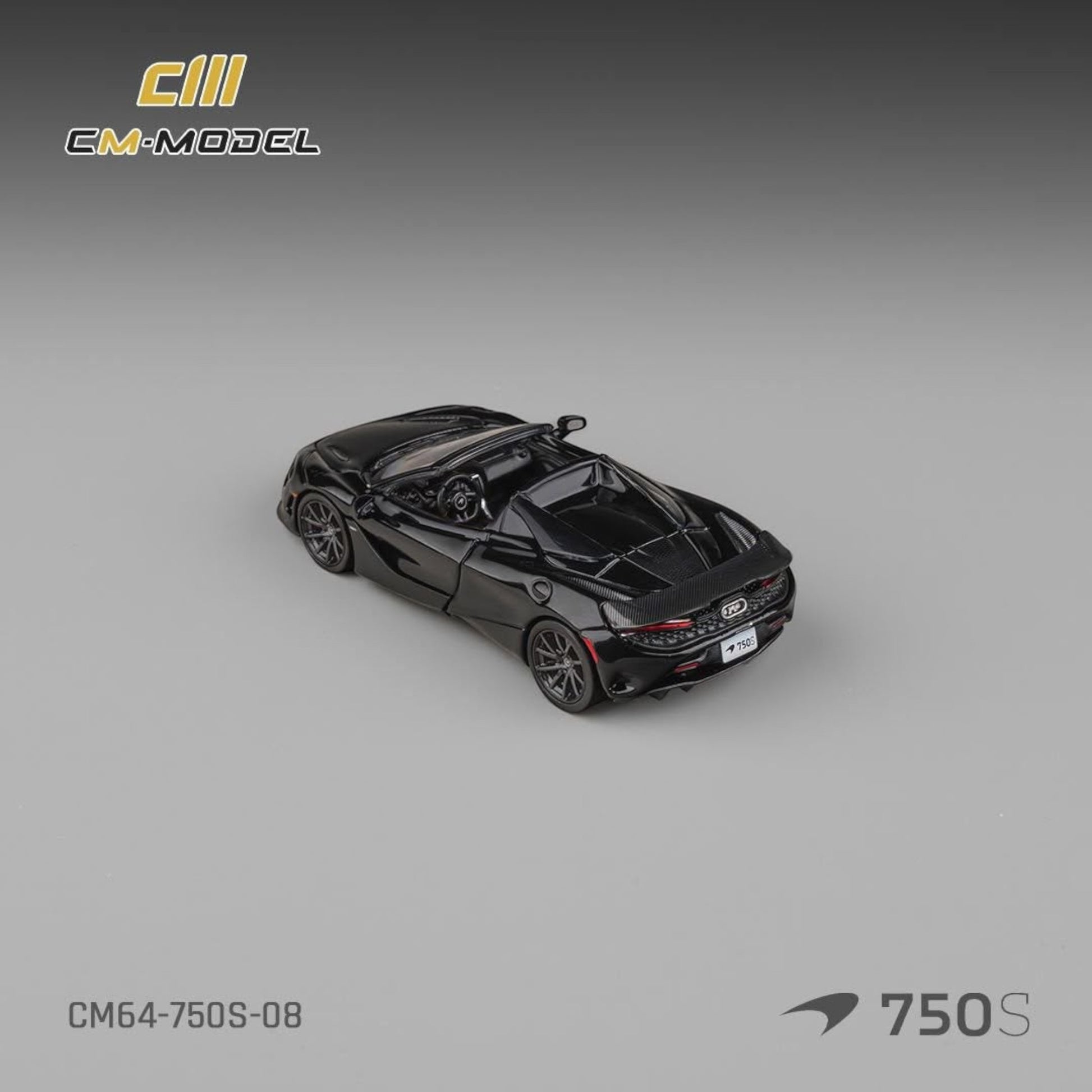 Lot57Supplies Diecast Shop CM Model 1:64 scale McLaren 750S Convertible diecast car in Onyx Black, rear angle view.