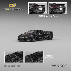 Lot57Supplies Diecast Shop CM Model 1:64 scale McLaren 750S Convertible in Onyx Black with moving rear wing and roof