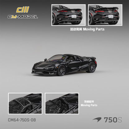 Lot57Supplies Diecast Shop CM Model 1:64 scale McLaren 750S Convertible in Onyx Black with moving rear wing and roof