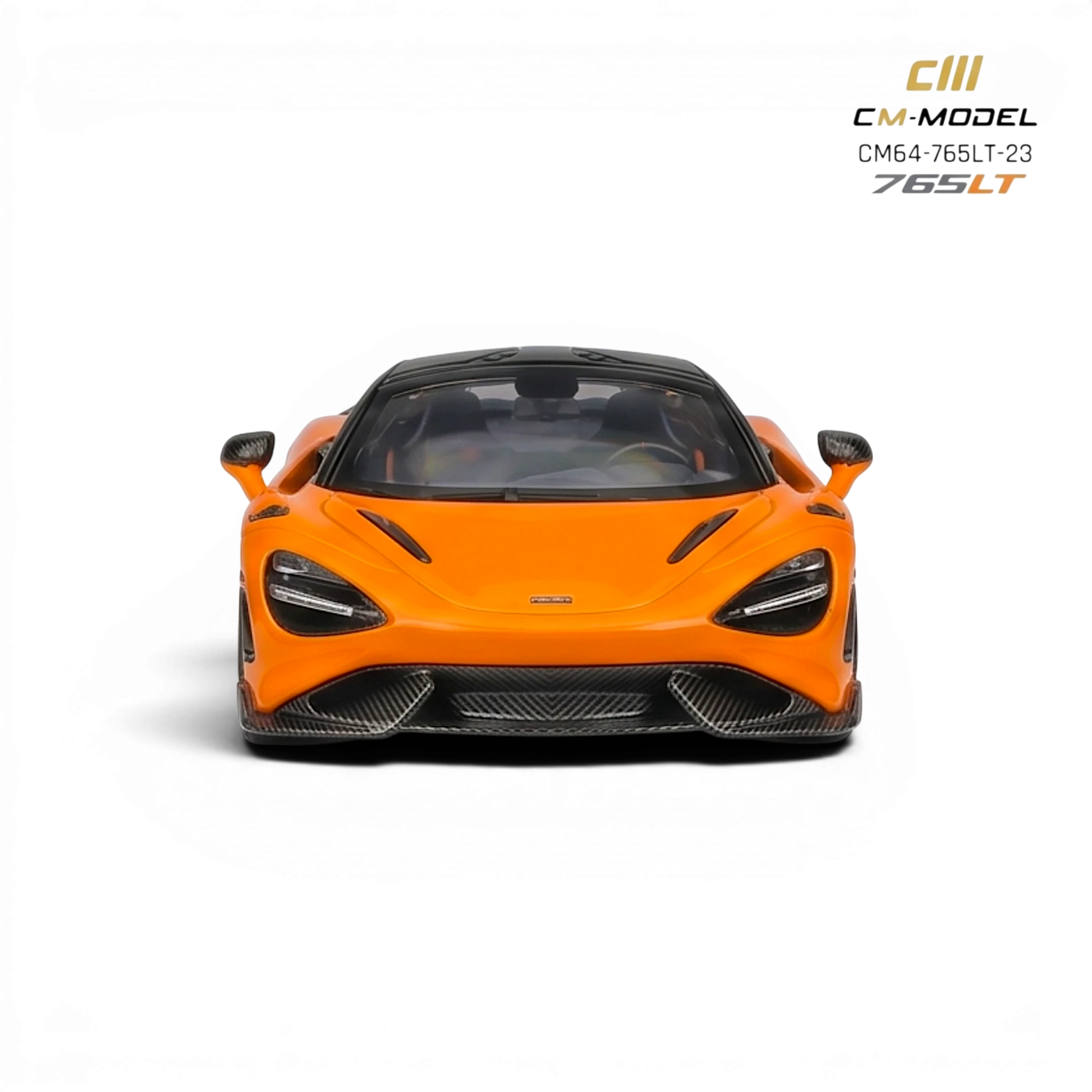 Lot57Supplies Diecast Shop CM Model McLaren 765LT 1:64 scale papaya orange alloy diecast car with carbon fiber accents.