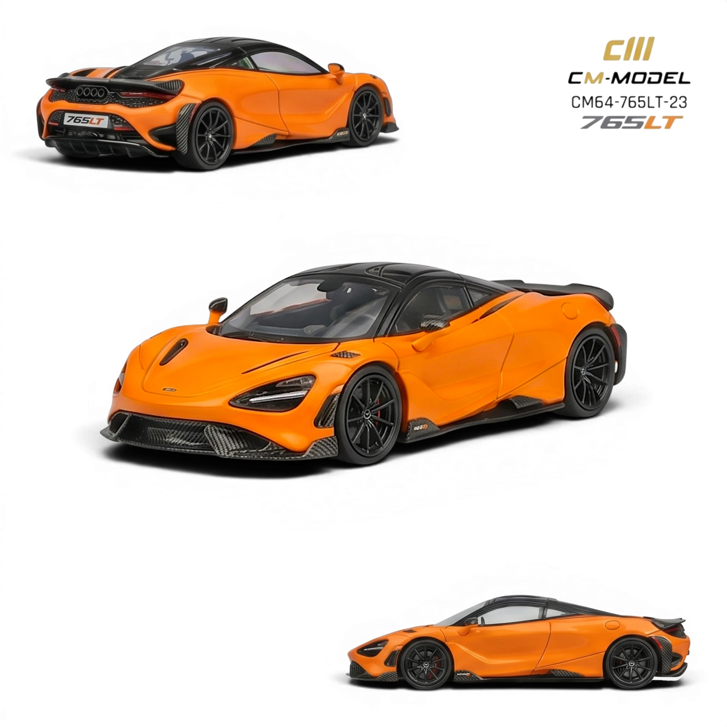 Lot57Supplies Diecast Shop CM Model McLaren 765LT 1:64 scale model in papaya orange with black accents and carbon fiber details.