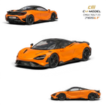 Lot57Supplies Diecast Shop CM Model McLaren 765LT 1:64 scale model in papaya orange with black accents and carbon fiber details.