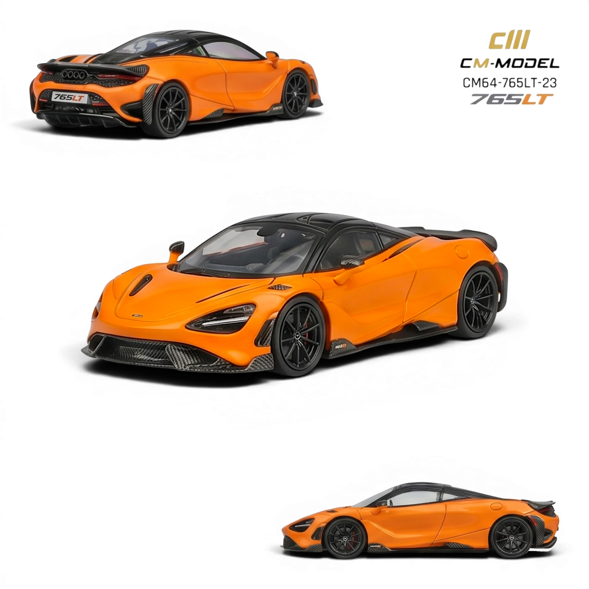 Lot57Supplies Diecast Shop CM Model McLaren 765LT 1:64 scale model in papaya orange with black accents and carbon fiber details.