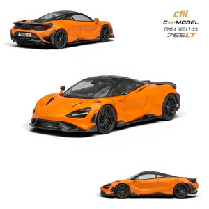 Lot57Supplies Diecast Shop CM Model McLaren 765LT 1:64 scale model in papaya orange with black accents and carbon fiber details.