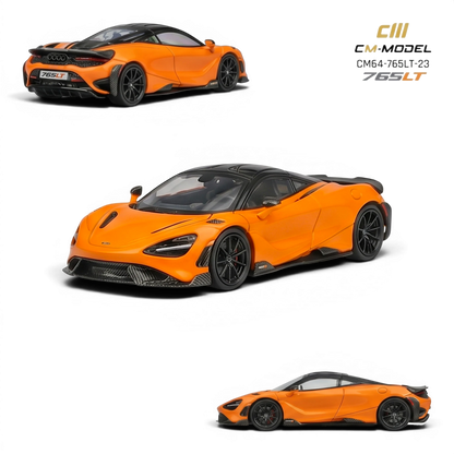 Lot57Supplies Diecast Shop CM Model McLaren 765LT 1:64 scale model in papaya orange with black accents and carbon fiber details.