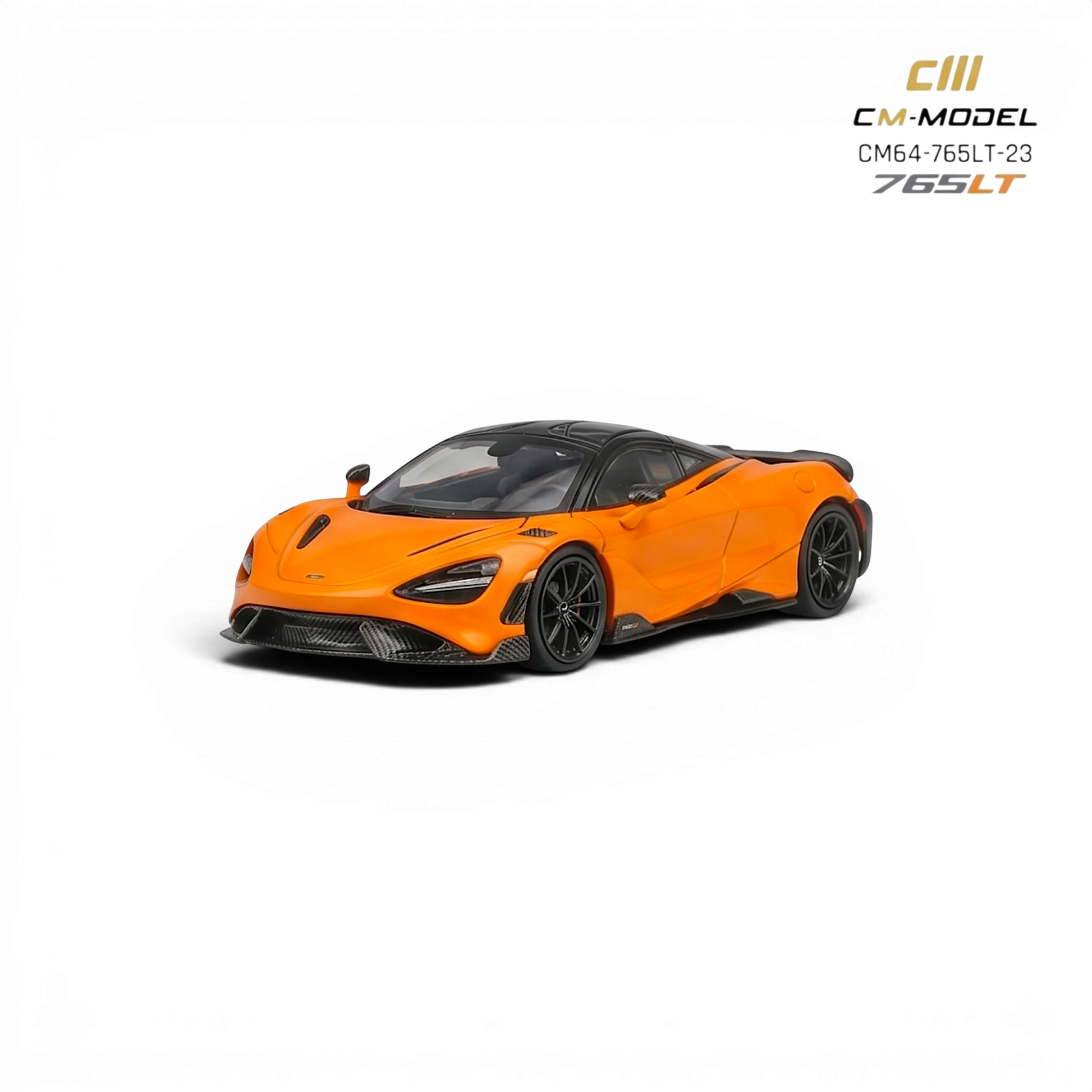 Lot57Supplies Diecast Shop CM Model McLaren 765LT 1:64 scale diecast model in papaya orange with black accents and carbon fiber details.