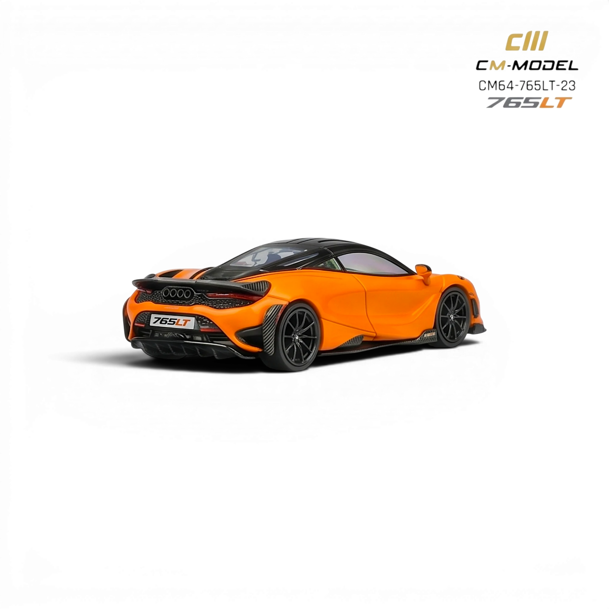 Lot57Supplies Diecast Shop CM Model McLaren 765LT 1:64 scale papaya orange alloy diecast model car with black accents and spoiler.