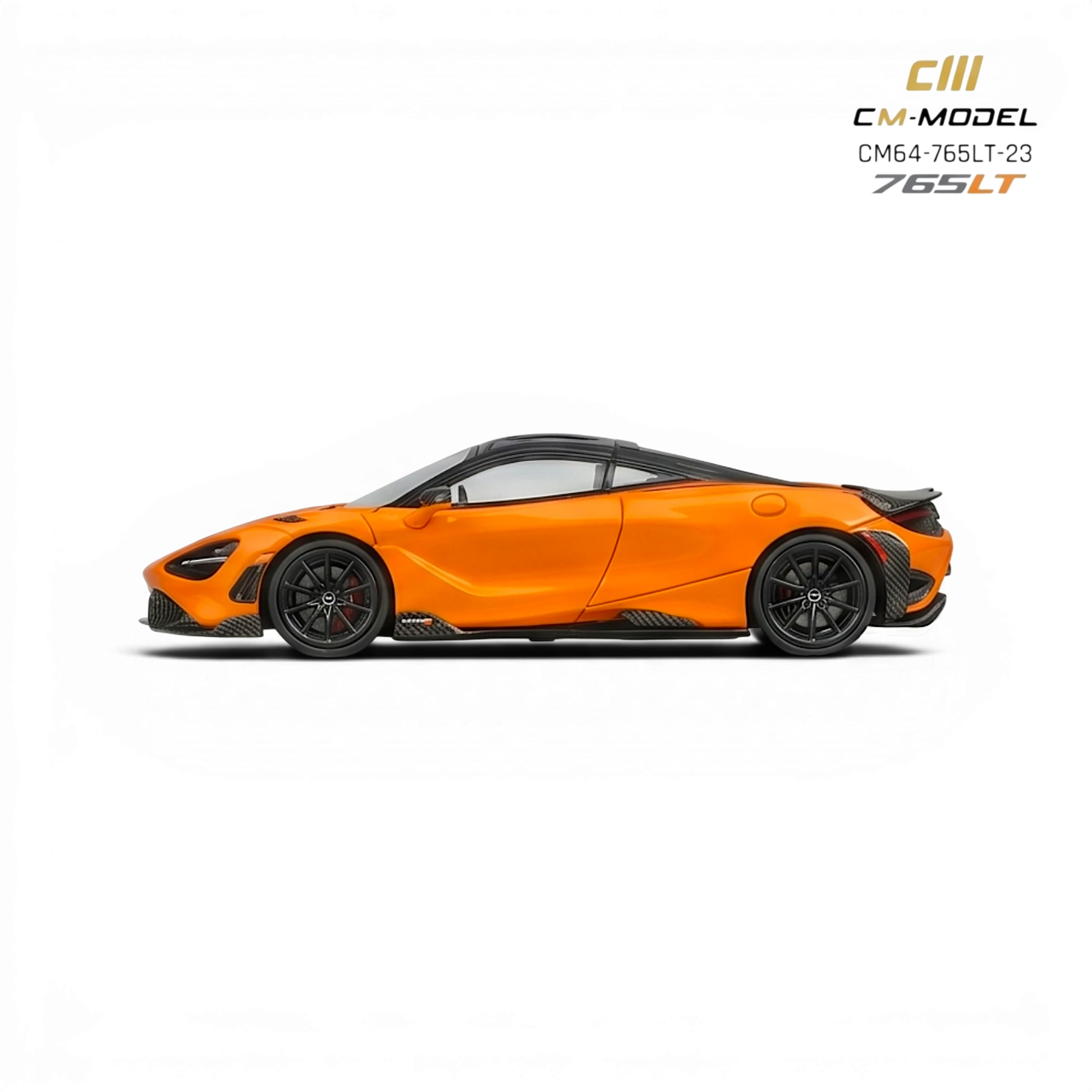 Lot57Supplies Diecast Shop CM Model McLaren 765LT 1:64 scale papaya orange alloy diecast model car with black accents.