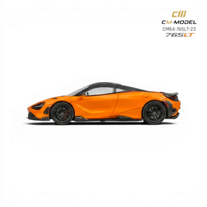 Lot57Supplies Diecast Shop CM Model McLaren 765LT 1:64 scale papaya orange alloy diecast model car with black accents.