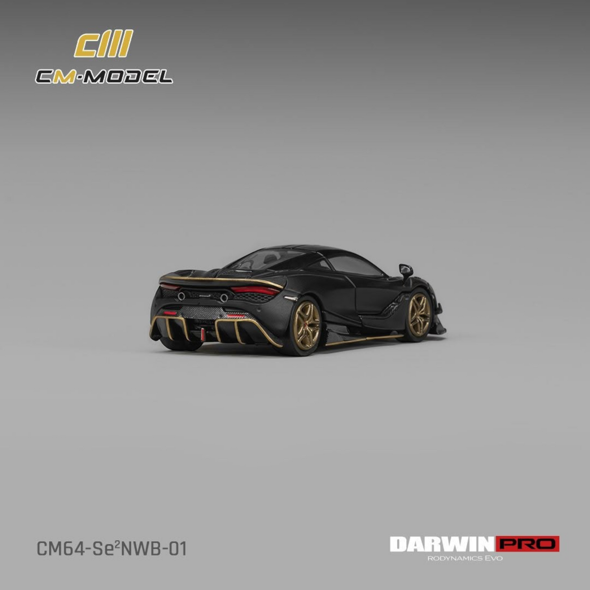 Lot57Supplies Diecast Shop 1:64 scale CM Model McLaren DarwinPRO 720SE2 NWB diecast car in matte black with gold rims.