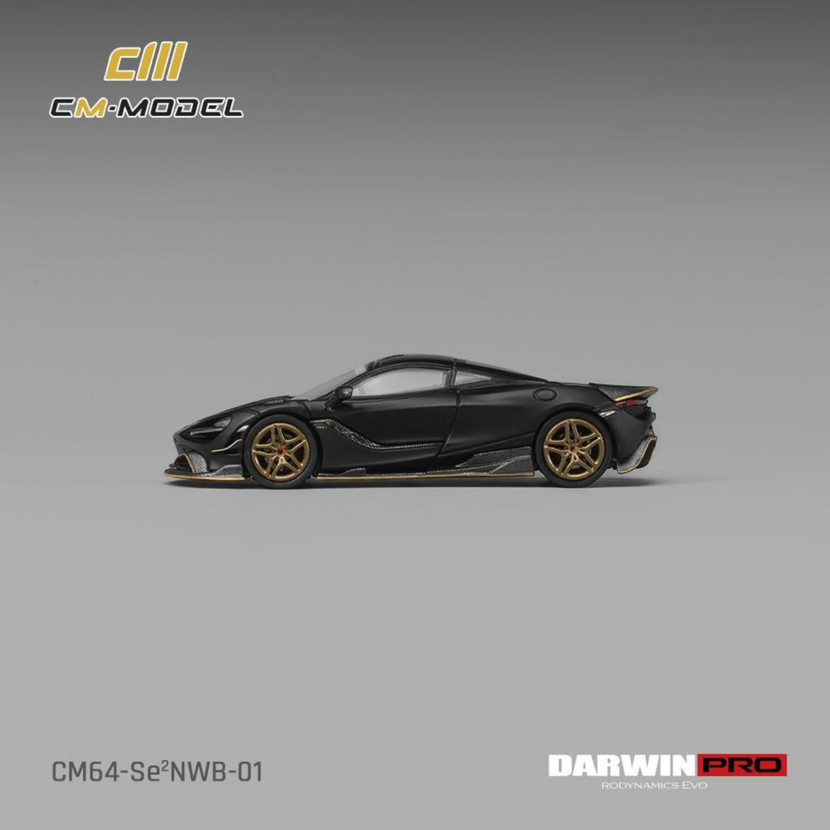 Lot57Supplies Diecast Shop 1:64 scale CM Model McLaren DarwinPRO 720SE2 in matt black with gold wheels, side view.