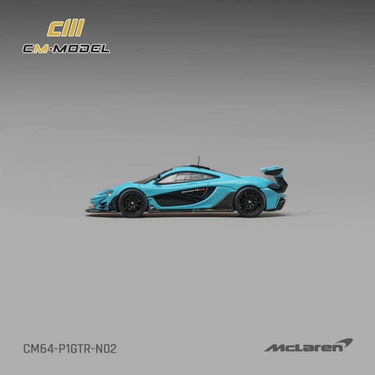 Lot57Supplies Diecast Shop CM Model McLaren P1 GTR diecast car in Iridium Blue, 1:64 scale side view