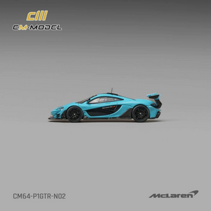 Lot57Supplies Diecast Shop CM Model McLaren P1 GTR diecast car in Iridium Blue, 1:64 scale side view