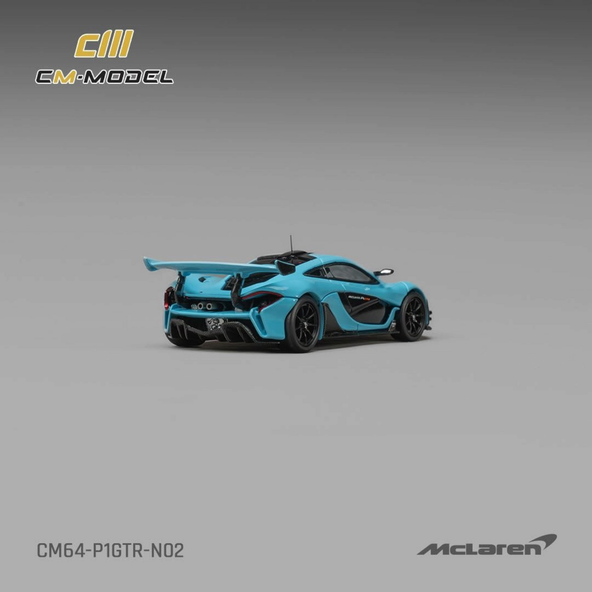 Lot57Supplies Diecast Shop CM Model 1:64 scale McLaren P1 GTR diecast car in Iridium Blue, rear three-quarter view.