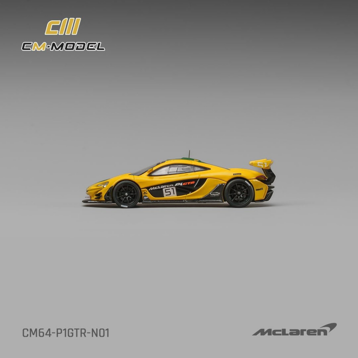 Lot57Supplies Diecast Shop 1:64 scale CM Model McLaren P1 GTR diecast car in yellow Harrods livery with number 51