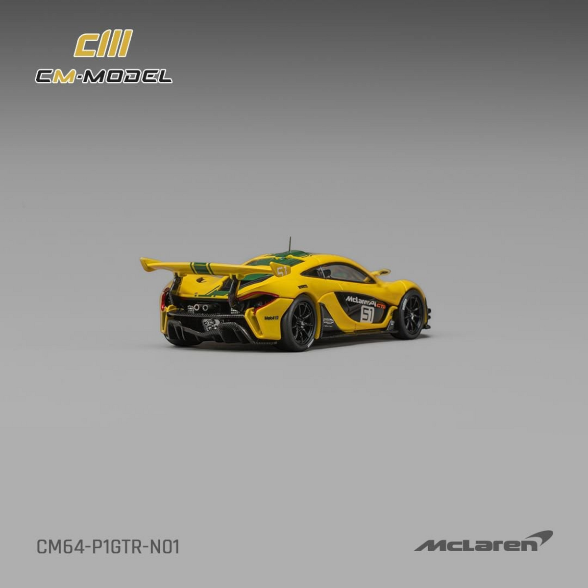 Lot57Supplies Diecast Shop 1:64 scale CM Model McLaren P1 GTR in yellow and green Harrods livery with race number 51
