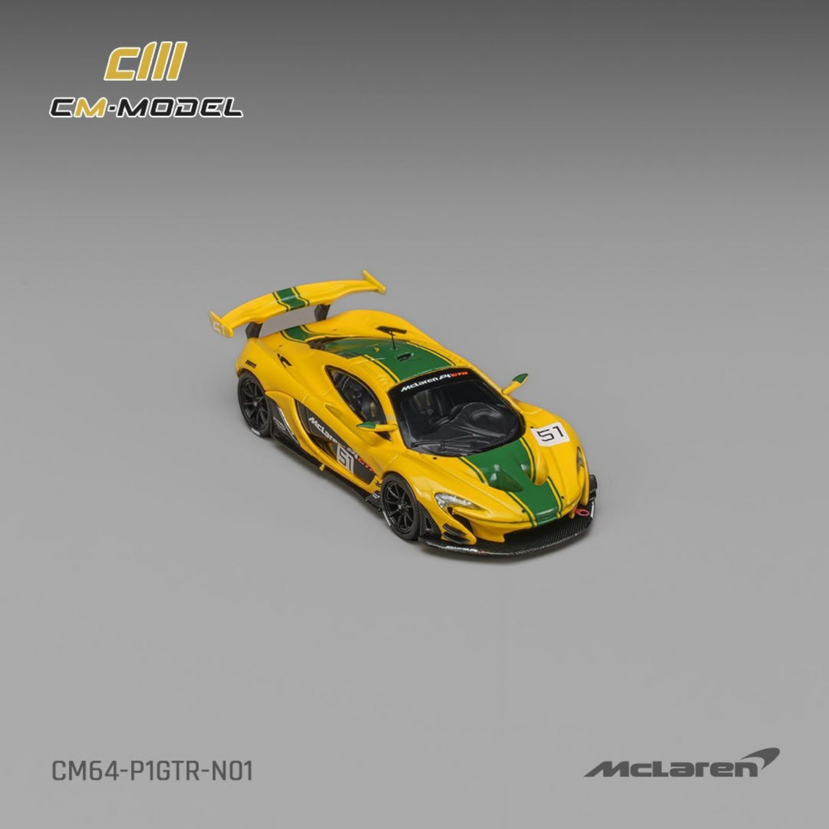 Lot57Supplies Diecast Shop 1:64 scale CM Model McLaren P1 GTR diecast car in iconic yellow and green Harrods livery